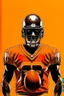 Placeholder: Silhouette of a football linebacker with a punisher skull on front of jersey instead of numbers, orange background, photorealistic