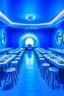 Placeholder: A restaurant with blue walls and a white floor. It contains one table in the middle of the restaurant in an oval shape containing 30 chairs