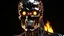 Placeholder: Portrait visage 4k terminator robot realiste heavy metal. Firestarter. Logo émission radio. Flammes en fond. Studio de radio