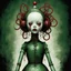 Placeholder: creepy Christmas themed porcelain doll with tubes connected to the back of its head from large vats filled with a greenish or reddish viscous liquids, color ink illustration, horror, surreal, gritty by Chris Friel and Dave McKean and Goru Fujita