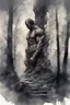 Placeholder: dumb and crazy stone giant above the trees, vivid emotions, watercolor, photorealism, dark fantasy, bad weather, gloomy day, dark world, sketch art, fine lines, grunge, sensual, darkness, by Raymond Swanland & Alyssa Monks & Anna Razumovskaya