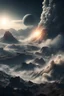 Placeholder: A volley of comets crashing into earth, as seen from mountain top, giant waves demolishing the terrain,8K picture quality, cinematic lighting, dynamic destructive scene