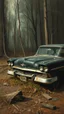 Placeholder: Bosch painting style nightmare , an old abandoned 1960 black ford car