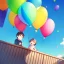 Placeholder: alone young anime child letting go of a balloon, looking up into the sky at the balloon