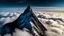 Placeholder: Aerial view from above of a single sharp, rocky mountain peak with snow patches, piercing through a dense, swirling foreground layer of white clouds, dark night sky with visible Milky Way, high contrast, cinematic lighting, photorealistic, 8k resolution, sharp focus