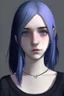 Placeholder: Realistic female teenager with pale skin, big grey eyes, blue and purple shoulder length hair, round face, prominent collarbones, black clothing