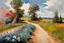 Placeholder: Sunny day, clouds, dirt road, flowers, mountains, big rocks, trees, sci-fi, winslow homer watercolor paintings