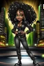 Placeholder: Create a digital airbrush cartoon of an African American female wearing a black jean outfit with timberland boots. Prominent make up with hazel eyes. She is wearing large diamond hoop earrings. Extremely highly detailed very long curly hair that shines. Background of a night club.