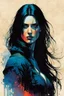 Placeholder: create an imaginative full body print illustration of an ethereal, otherworldly haggard and grim, raven haired female Witcher , in the comic book art style of Bill Sienkiewicz, Mike Mignola, and Jean Giraud Moebius, with highly detailed feminine facial features , finely drawn, colored and inked,