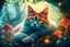 Placeholder: A rainbow-colored cat with golden and teal eyes resting in a magical forest, surrounded by glowing mushrooms, neon vines, and fragmented light. The background is dreamy and surreal. --v 7 --style raw --ar 4:5 --q 2
