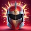 Placeholder: a cartoon 3d vector image of a knight's helmet on a red background, cropped very closely. 3D vector cartoon asset, mobile game cartoon stylized, clean. Camera: front angle, 90°, 35 mm. Lighting: beams, sparkles and bloom, LED lights. cartoon style