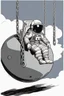 Placeholder: close side view of An astronaut sitting on a large steel ball.floating in the air, wide legs, holding on to the chain