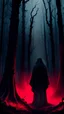 Placeholder: Through the gloomy forest, surrounded by strange gloomy figures in black robes, a red light appears from the gloomy black sky, which descends on an eerie grave in the middle of the forest in realistic film style