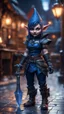 Placeholder: full figure with metallic stone gauntlets holding dark blue jagged dagger, standing on wet tiled floor outside fantasy tavern, focused female Danish vampire gnome from worms armageddon wearing makeup, bokeh like f/0.8, tilt-shift lens 8k, high detail, smooth render, down-light, unreal engine, prize winning