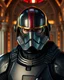 Placeholder: star wars bald male corellian pilot wearing pearlescent black and gunmetal grey First Order special forces heavy assault armor and full face helmet with gold and metallic red visor and trim inside the jedi temple, centered portrait, hyperdetailed, dynamic lighting, hyperdetailed background, 8k resolution, volumetric lighting, light skin, fully symmetric details