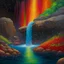 Placeholder: glossy hyper-realistic Illustration artwork of a Impressionist Paintings of a serene waterfall slowly moving down the rocks down to a gentle pond , Glow-in-the-dark vivid neon red blue orange and yellow, tiny bonzai made of tiny luminous dots style puntilism following the traile of the cascade, water trickling shimmering iridescent colors with soft rainbow hues