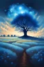 Placeholder: landscape. all a field with blue grass. trees with blue foliage. the cosmic sky. a lonely tree.