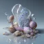 Placeholder: a glass slipper, a hyperrealistic photo, transparent body, crystal, shells, pastel colours flowers and leaves transparent, professional light, rock, rococo, Artstation, intricate detail realism hdr, intricate detailed 8 k, with ornate jewelled, intricate detailed 4 k