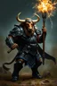 Placeholder: Bevo, the Texas Longhorn as a minotaur wearing black plate armor, trimmed in shiny blue, holding a mace crackling with thunderous energy