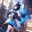 Placeholder: Clear focus,High resolution, Black short fluffy hair, and blue eyes, wearing a Genshin Impact inspired outfit, detailed clothes,must be wearing a short skirt, Bandage around the whole body