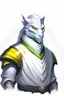 Placeholder: half shot of a white dragonborn with golden eyes, gentler features, calm, pure white scales, dark grey monk outfit, grey trousers