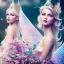 Placeholder: fantasy fairy with transparent wings, smiling, make up, tatoo, elven crown, long platinum blond hair, pink dress, octane render