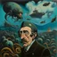 Placeholder: High concept art, style of Salvador Dali aesthetic, matte oil painting on canvas, in an empty field a deep-sea diver who has a television screen on his helmet broadcasting a picture of a school of eels with human heads, sinister, concept art, oddball masterpiece, sfumato, complex contrast