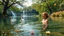 Placeholder: very beautifu lady is swimming in a beautiful river in country side with water falls and big tree,wild flowers and, swans pertty coloful fishes in river ,a pretty Deer with horns in inside plants,butterflies around flowers,heaven escape,