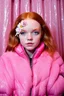 Placeholder: Autochrome of sadie sink, she has flowers on her face, her eyelashes are in plastic, very long, she is wearing a shiny pink puffer coat, ,the light is pink, à pink curtain in the background with glitter