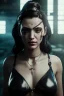 Placeholder: portrait post-apocalypse goddess in black leather in a cyberpunk city, cleavage, sci-fi fantasy style, 8k,dark