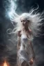 Placeholder: full body gorgeous ethereal goddess female extraterrestrial being, body piercings, beautiful face, mesmerizing watering eyes, smooth translucent skin, transcendental, ripped tattered white silk dress torn apart, wind blown long white blood spattered hair, crazy, wild, exotic, fire light, sparks, embers.