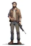 Placeholder: man, beard, brown hair, illustration, looking serious, full body, standing, mean,, looking sideways, holding a riffle