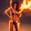 Placeholder: woman made of fire, succubus, totally bare, full body portrait, long flowing hair, only wearing skin-colored bikini, highly detailed, real life photo, photo quality, extremely detailed, high quality, standing in fire