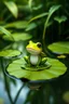 Placeholder: A small, cute, frog-like creature with a lily pad on its back. It's sitting on a lily pad in a calm pond surrounded by green foliage, radiating peaceful, Grass-type energy.