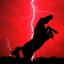 Placeholder: full silhouette of a horse rearing up(outlined by lighting), red sky with lightning, electricity traveling through background