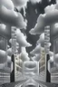 Placeholder: a bridge which has white clouds, in the style of futuristic digital art, grid formations, hall of mirrors, black and gray, photorealistic fantasies, multilayered dimensions, frontal perspective