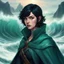 Placeholder: dungeons & dragons; portrait; digital art; teenager; female; cute; black hair color; short hair; sea green eye color; warlock; the fathomless; waves; sea travel clothing; ocean blue cloak; soft light; deep ocean; singing