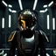 Placeholder: star wars bald male corellian pilot wearing gunmetal grey and black first order armored TIE pilot flightsuit and helmet with gold trim inside the jedi temple, centered head and shoulders portrait, hyperdetailed, dynamic lighting, hyperdetailed background, 8k resolution, volumetric lighting, light skin, fully symmetric details