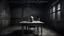 Placeholder: Bizarre dark surrealism, psychological thriller atmosphere. An impossible empty room with no windows and no doors. A single gaunt human-like figure with pale gray skin, an ordinary-sized head, large sunken lifeless eyes, and a tightly sewn-shut mouth with visible black thread stitches across the lips sits alone on one old wooden chair at a long dining table. The table is overflowing with untouched colorful food: roasted meats, pasta, pizza, soup, cakes, fruit, bread and wine. Everything except