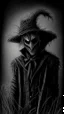 Placeholder: pencil drawing of a scarecrow. Spooky, scary, halloween, realistic, black paper