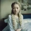 Placeholder: Old autochrome of devon aoki , white braids., ,in a bedroom, in 1901, near à blue vase
