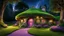 Placeholder: hobbit cottage in the woods surrounded by trees, night, whimsical feel, pinks, blues, purple and green colors, circular hobbit-style door with central knocker, circular hobbit-style windows, green grass roof, lanterns, starlight, chiaroscuro, quaint, homely, inviting, LOTR, Tolkien