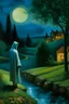 Placeholder: An oil painting in the style of Chagall. The ghostly figure of a man in the night, who is a private detective in a raincoat, half turned toward the viewer. He is observing the wall of a provincial manor on a hill, with a brook and some bushes.