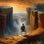 Placeholder: oil painting, an old track on a tall cliff, a man standing on the cliff and looking at the flooded city below him