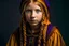 Placeholder: A bandit girl , purple medieval costume , emerald eyes , a long orange yellow braided braid