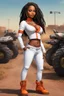 Placeholder: Create a airbrush cartoon of a curvy African American female wearing tight white jeans and a off the shoulder orange blouse. She is also wearing timberland boots. Prominent make up with hazel eyes. Highly detailed very long extremely dread locs black hair. Her skin is smooth and silky. Background of a track of ATV riders.