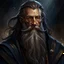 Placeholder: dnd, fantasy, wizard, portrait, face, close up, long beard, black as night hair, angular features, long, slender, aging, professor, handsome