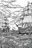 Placeholder: Outline art, no shading, ships on the sea, cartoon style, black and white, low detail, --ar 9:11