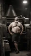 Placeholder: half figure shot photography of an turkish strong massive chubby 50 year old man in opened boxer, manly chest,, short beard, shirtless, printer in an old printing house, next to a huge old printer, dim light, side light, ambient occlusion