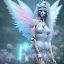 Placeholder: Fantasy cute fairy with wings, smiling, blue eyes, make up, long blond platinum hair, crown, beautiful dress, flowers in background, blender 3D